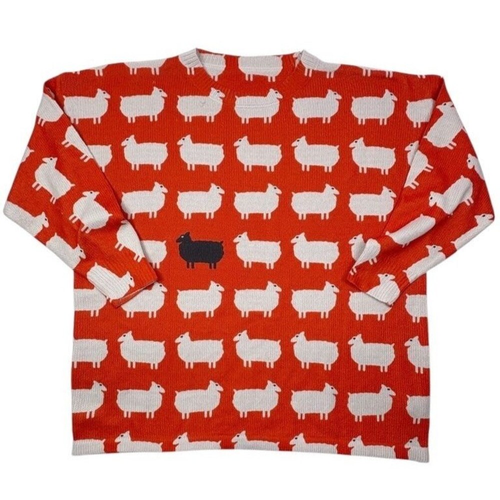Women’s Bright Red Crewneck Sweater with Sheep Motif